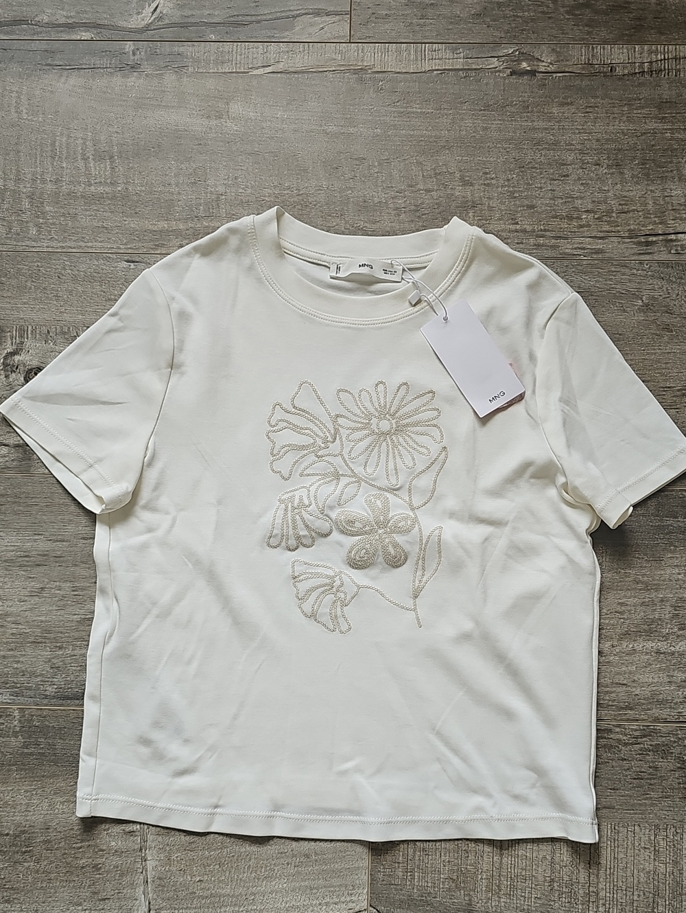 MNG Off-White Floral Embellished Short Sleeve T-Shirt 100% Cotton BNWT Size XS